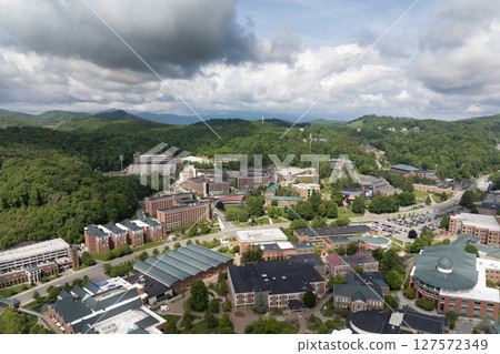 Aerial view of Boone, old historical town in North Carolina Blue Ridge Mountains. Beautiful historic American architecture Aerial view of Boone, old historical town in North Carolina Blue Ridge Mountains. Beautiful historic American architecture 127572349