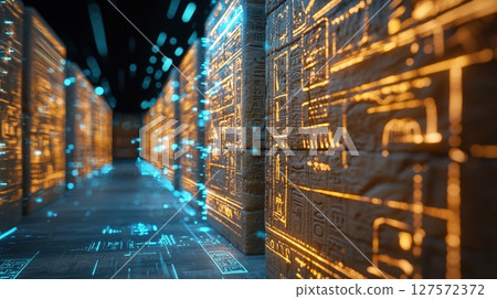 Ancient script illuminated digital corridor of hieroglyphs Ancient script illuminated digital corridor of hieroglyphs 127572372