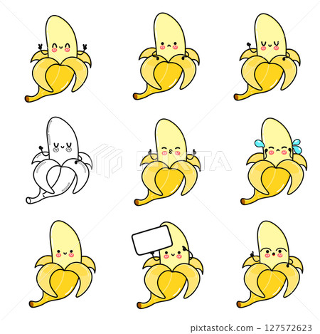 Nine adorable cartoon bananas showcase various emotions, perfect for fun concepts. 127572623