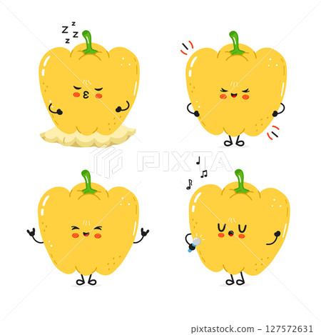 Delightful illustration of four cartoon Bell Peppers with various happy and funny expressions. Delightful illustration of four cartoon Bell Peppers with various happy and funny expressions. 127572631