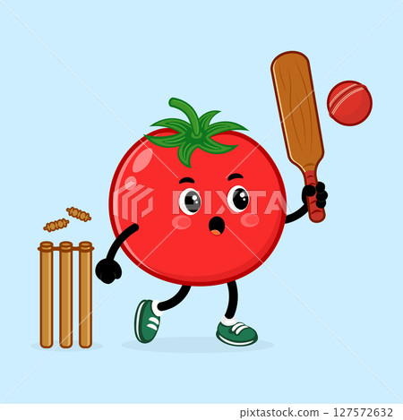 A cheerful Tomato character enjoys a game of cricket with a bat and ball. 127572632