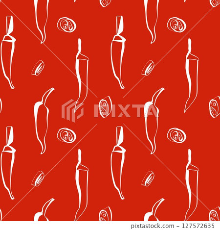 Hand drawn chili peppers and slices seamless pattern with white lines on red background for food packaging and surface design Hand drawn chili peppers and slices seamless pattern with white lines on red background for food packaging and surface design 127572635