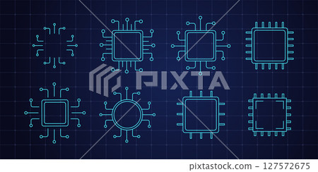 Processor line icon, hud microchip cpu technology board, Central processing unit. Design element flat, simple silhouette. 127572675