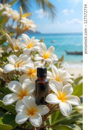 frangipani (plumeria) essential oil  bottle against  blossoming  ocean shore with beautiful flowers. Ai generated 127572734