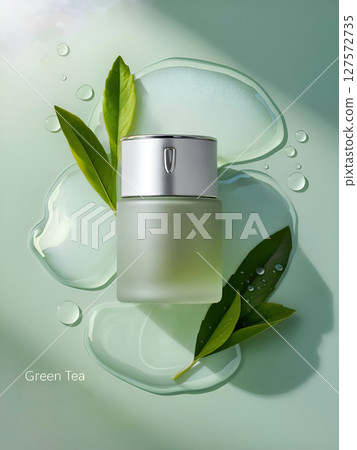 design  cosmetics products with green tea at soft green background. Cosmetics concept . Ai generated 127572735