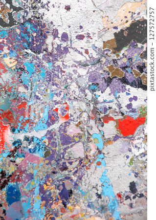Abstract textured painting with bold splashes of blue, purple, and red. A visually striking 127572757