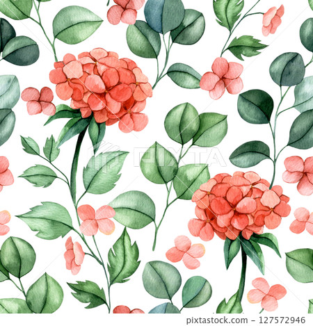 seamless pattern of pink hydrangea flowers and eucalyptus leaves. watercolor print delicate illustration 127572946