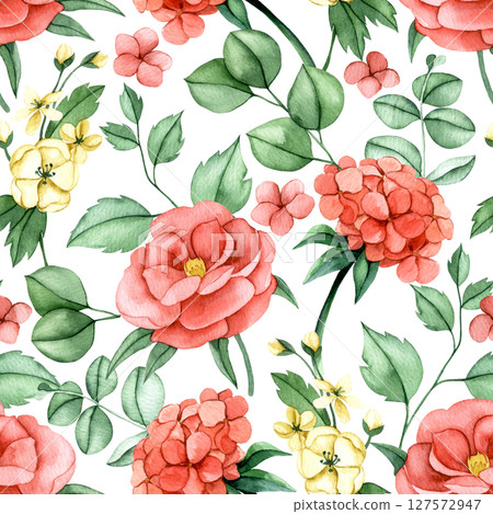 seamless pattern of pink hydrangea flowers, peony and eucalyptus leaves. watercolor print delicate illustration 127572947
