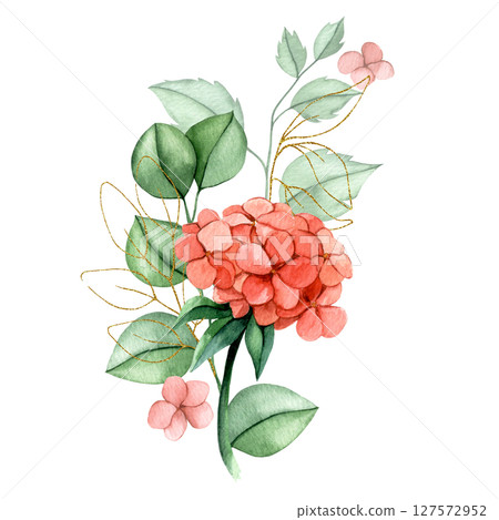 Bouquet of pink hydrangea flowers and eucalyptus leaves with golden elements. Watercolor composition Bouquet of pink hydrangea flowers and eucalyptus leaves with golden elements. Watercolor composition 127572952