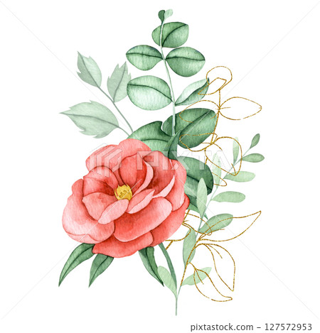 Bouquet of pink peony flowers and eucalyptus leaves with golden elements. Watercolor composition Bouquet of pink peony flowers and eucalyptus leaves with golden elements. Watercolor composition 127572953