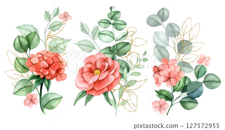 set of bouquets of pink flowers and eucalyptus leaves with golden elements. watercolor compositions 127572955