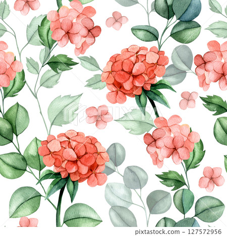 seamless pattern of pink hydrangea flowers and eucalyptus leaves. watercolor print delicate illustration 127572956