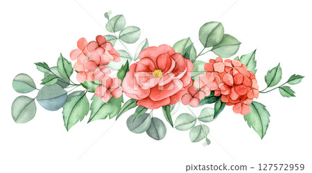 horizontal composition of pink flowers and eucalyptus leaves. watercolor illustration bouquet flowers peony, hydrangea 127572959