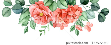 horizontal frame of pink flowers and eucalyptus leaves. watercolor illustration border flowers peony, hydrangea 127572960