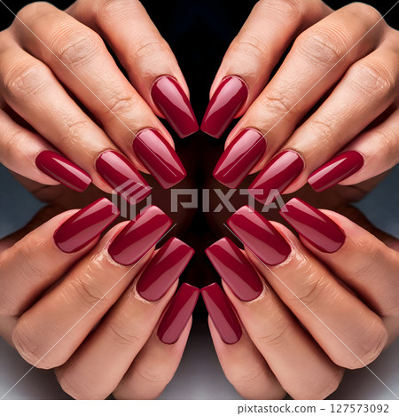 beautiful stylish and beautiful manicure with fashionable burgundy color. Ai generated 127573092