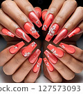 beautiful stylish and beautiful manicure with different colors coral  hue and painted. Ai generated 127573093