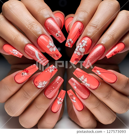 beautiful stylish and beautiful manicure with different colors coral  hue and painted. Ai generated 127573093