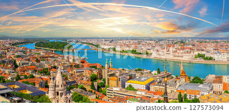 Panoramic aerial view of Budapest with Fisherman's Bastion, Danube River, Margaret Island and Hungarian parliament 127573094