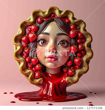 Girl's face in strawberry pie. A creative combination of portraiture and culinary art creates whimsical interior objects. 127573106