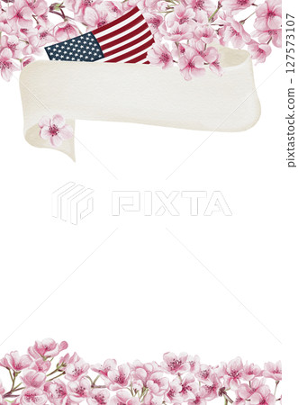 Template with pink sakura flowers. White ribbon for text. Branches with cherry blossoms. Spring festival. Watercolor illustration without background. Border frame. Hand drawing. Template with pink sakura flowers. White ribbon for text. Branches with cherry blossoms. Spring festival. Watercolor illustration without background. Border frame. Hand drawing. 127573107