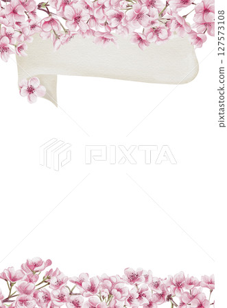 Template with pink sakura flowers. White ribbon for text. Branches with cherry blossoms. Spring festival. Watercolor illustration without background. Border frame. Hand drawing. Template with pink sakura flowers. White ribbon for text. Branches with cherry blossoms. Spring festival. Watercolor illustration without background. Border frame. Hand drawing. 127573108