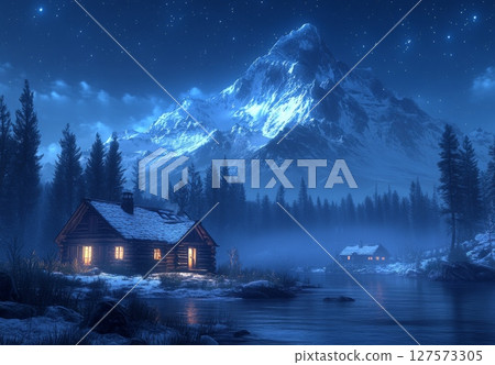 Cozy cabin nestled in the mountains under a starry night sky with snowy peaks and a serene lakeside view, providing a peaceful retreat for those seeking solace and natural beauty 127573305