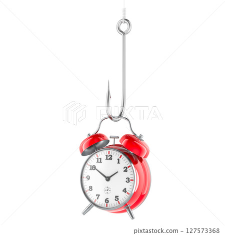 Fishing hook with red alarm clock. Time trap, stress, deadline pressure concept. 3D rendering 127573368