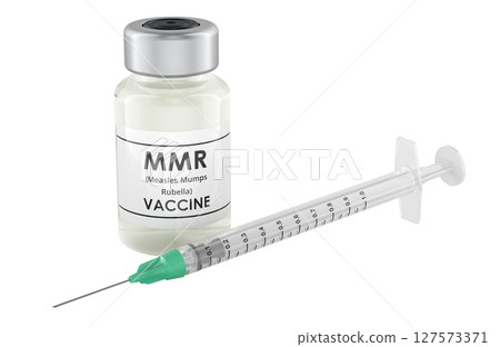 MMR vaccine vial and syringe. Vaccine from measles mumps rubella. 3D rendering MMR vaccine vial and syringe. Vaccine from measles mumps rubella. 3D rendering 127573371