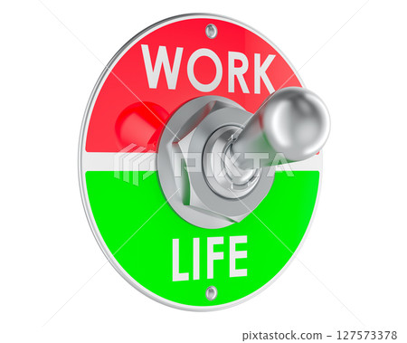 Toggle switch with work and life sections. Switching between work and personal life. 3D rendering Toggle switch with work and life sections. Switching between work and personal life. 3D rendering 127573378