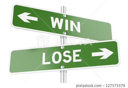 Win and lose road signs. Choice and direction, concept. 3D rendering 127573379