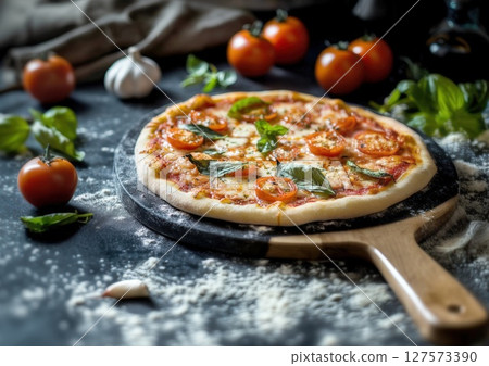 A freshly baked Margherita pizza, adorned with vibrant red tomatoes and fragrant basil leaves, perfectly positioned on a rustic pizza peel. Surrounded by scattered flour, ripe tomatoes, and garlic. A freshly baked Margherita pizza, adorned with vibrant red tomatoes and fragrant basil leaves, perfectly positioned on a rustic pizza peel. Surrounded by scattered flour, ripe tomatoes, and garlic. 127573390