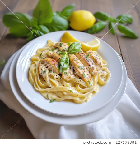 A delectable plate of creamy fettuccine topped with perfectly grilled chicken slices and fresh basil, garnished with a lemon wedge. Classic Italian food, showcasing rich flavors, elegant presentation A delectable plate of creamy fettuccine topped with perfectly grilled chicken slices and fresh basil, garnished with a lemon wedge. Classic Italian food, showcasing rich flavors, elegant presentation 127573391
