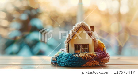 A small model house wrapped in a colorful knitted scarf. The background features a blurred winter scene with soft lighting, horizontal banner, copy space, free space for text 127573417