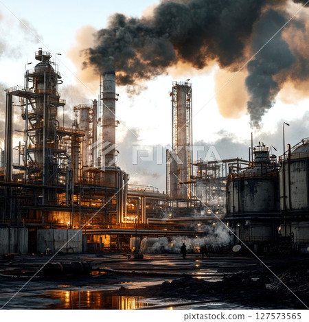 A dramatic view of an industrial petrochemical complex against a twilight sky, dominated by towering structures and multiple smokestacks expelling dense, dark plumes. 127573565