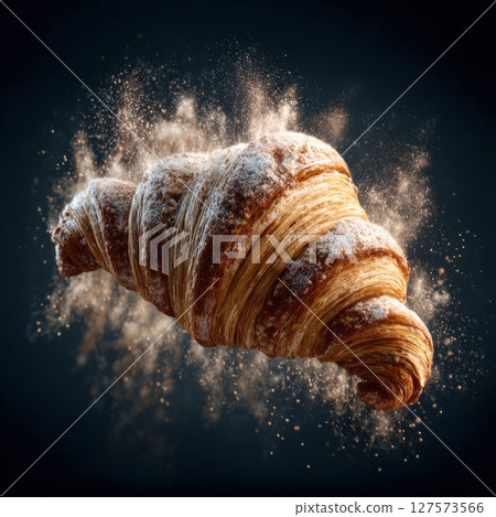 Golden French Croissant with Powdered Sugar Cloud. A Flaky, Buttery Pastry Delicacy on Dark Background 127573566