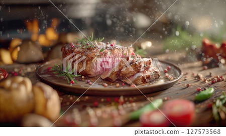 Expertly cooked, juicy steak, garnished with fresh rosemary and vibrant peppercorns on a rustic plate amidst a sprinkle of spices. Ideal for food enthusiasts and gourmets alike. Expertly cooked, juicy steak, garnished with fresh rosemary and vibrant peppercorns on a rustic plate amidst a sprinkle of spices. Ideal for food enthusiasts and gourmets alike. 127573568