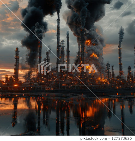 Gloomy Petrochemical Landscape. Towering Refinery Emits Dense Smoke and Flames into a Dramatic Sunset Sky, Reflected in Contaminated Waters Industrial Pollution and Environmental Impact 127573620