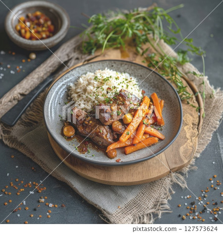 Sumptuous Beef and Carrot Stew. Tender Meat and Glazed Carrots Served with Fluffy White Rice. A Hearty and Wholesome Comfort Food Dish 127573624