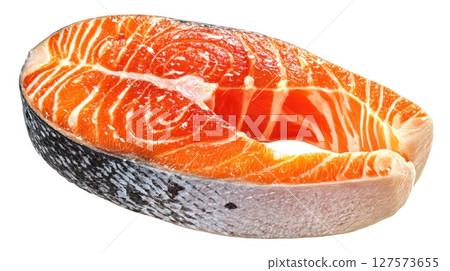 Sumptuous Fresh Salmon Steak A Vibrant Orange Fillet with Distinct Marbling and Skin, Ready for Grilling or Pan Searing Healthy Culinary Delight 127573655