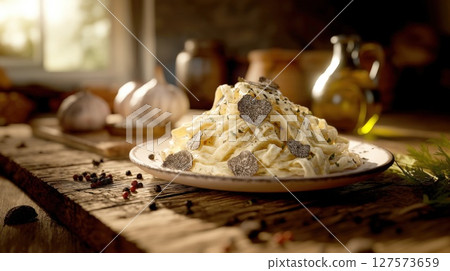 Gourmet Creamy Truffle Past. Exquisite Tagliatelle with Shaved Black Truffles and Fresh Herbs, Elegantly Plated for a Luxurious Dining Experience 127573659