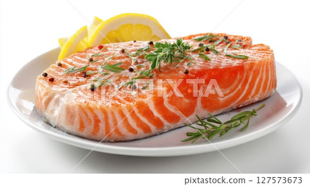 Premium Atlantic Salmon Fillet Fresh, Vibrant, and Rich in Omega 3, Expertly Seasoned with Herbs and Peppercorns for a Healthy Gourmet Meal 127573673
