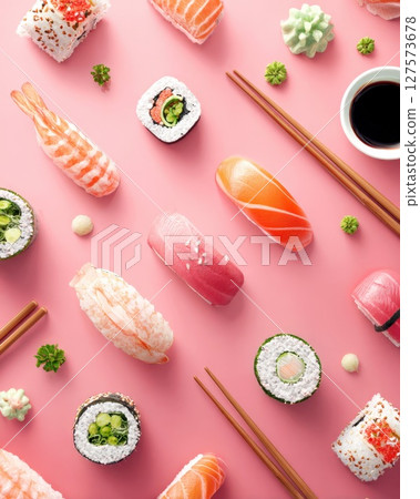 Exquisite Sushi Sashimi Collection Artfully Arranged Nigiri, Maki, and Rolls with Fresh Seafood, Wasabi, and Soy Sauce on a Vibrant Pink Background Exquisite Sushi Sashimi Collection Artfully Arranged Nigiri, Maki, and Rolls with Fresh Seafood, Wasabi, and Soy Sauce on a Vibrant Pink Background 127573678