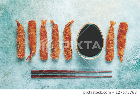 fried tiger prawns in tempura, top view, soy sauce, chopsticks, fried tiger prawns in tempura, top view, soy sauce, chopsticks, 127573768
