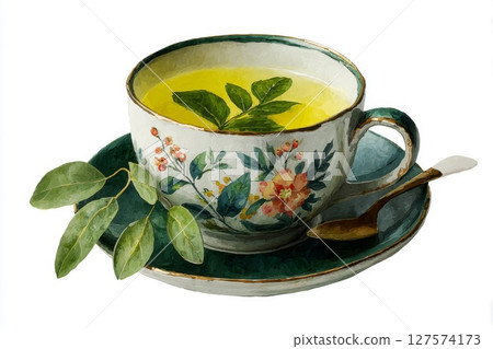 Floral Teacup with Herbal Tea and Leaves 127574173