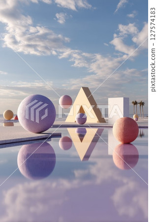 Pastel Geometric Shapes Reflecting in Calm Water 127574183