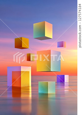 Colorful Cubes Floating Above a Calm Ocean at Sunset 127574184