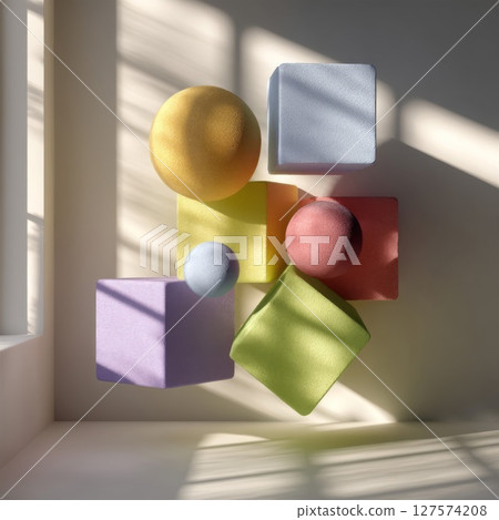 Pastel Cubes and Spheres in a Bright Room 127574208