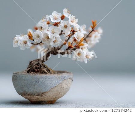 White Blossoming Bonsai Tree in a Ceramic Pot 127574242