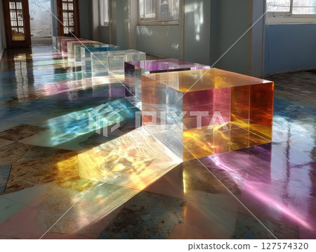Colorful Glass Cubes Reflecting Light in Modern Interior 127574320