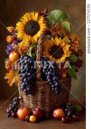 Autumn Harvest Still Life: Sunflowers and Fruit in a Wicker Basket 127574339